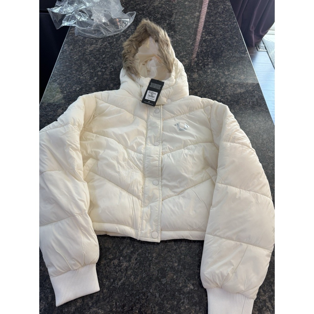 True Religion Horseshoe Logo‎ Slim Puffer Jacket Hooded Fur Trim White Size XXL